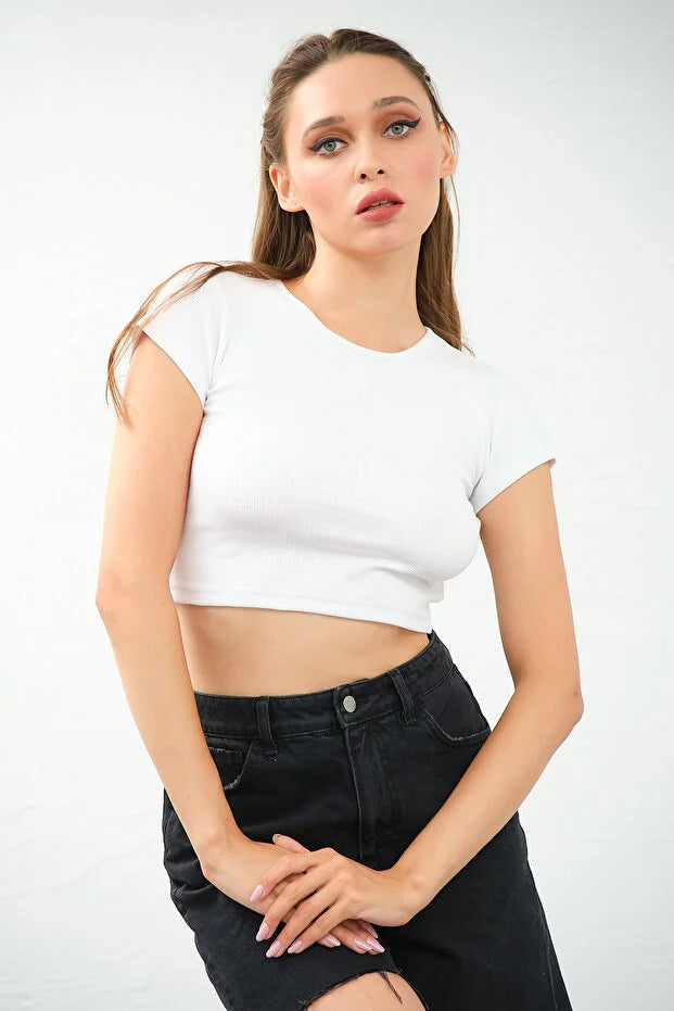 PUNKY CAT Kadın Bisiklet Yaka Kısa Kollu Crop Top Sırt Dekolteli Bluz - TS008