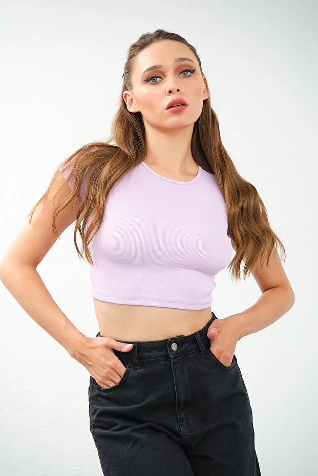 PUNKY CAT Kadın Bisiklet Yaka Kısa Kollu Crop Top Sırt Dekolteli Bluz - TS008