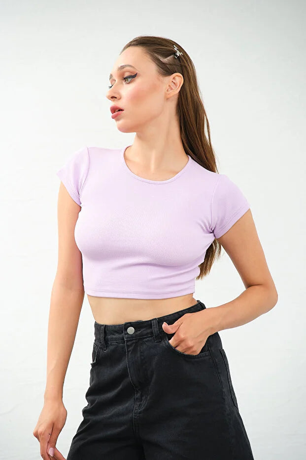 PUNKY CAT Kadın Bisiklet Yaka Kısa Kollu Crop Top Sırt Dekolteli Bluz - TS008