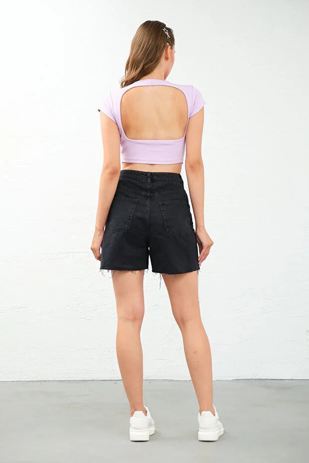 PUNKY CAT Kadın Bisiklet Yaka Kısa Kollu Crop Top Sırt Dekolteli Bluz - TS008