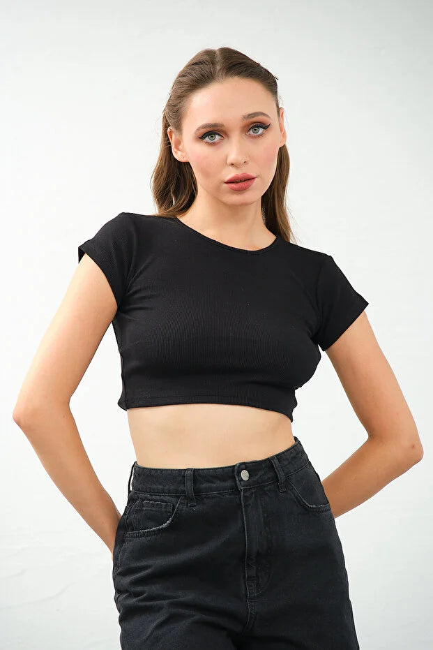 PUNKY CAT Kadın Bisiklet Yaka Kısa Kollu Crop Top Sırt Dekolteli Bluz - TS008