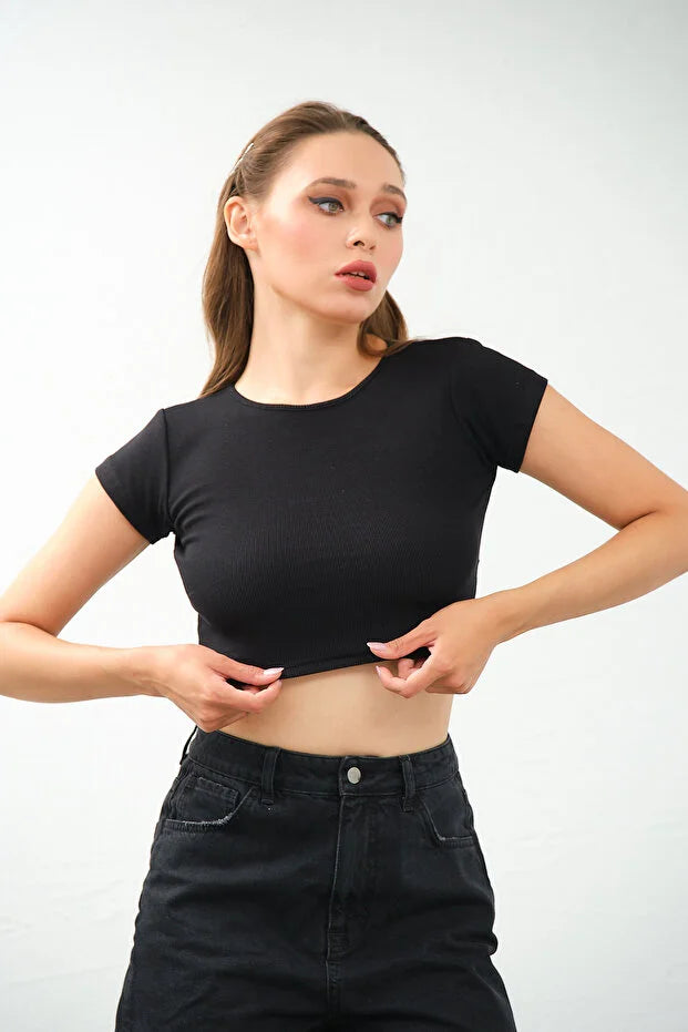 PUNKY CAT Kadın Bisiklet Yaka Kısa Kollu Crop Top Sırt Dekolteli Bluz - TS008