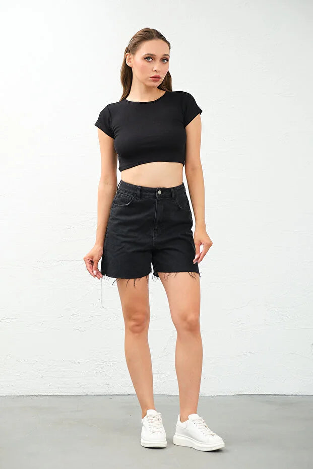 PUNKY CAT Kadın Bisiklet Yaka Kısa Kollu Crop Top Sırt Dekolteli Bluz - TS008
