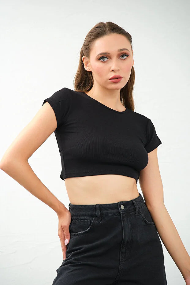 PUNKY CAT Kadın Bisiklet Yaka Kısa Kollu Crop Top Sırt Dekolteli Bluz - TS008