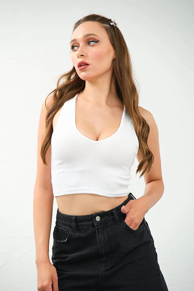 PUNKY CAT Kadın Derin Göğüs Dekolteli Şık Crop Top Bluz - TS009