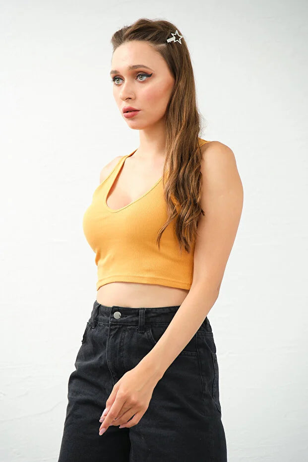 PUNKY CAT Kadın Derin Göğüs Dekolteli Şık Crop Top Bluz - TS009