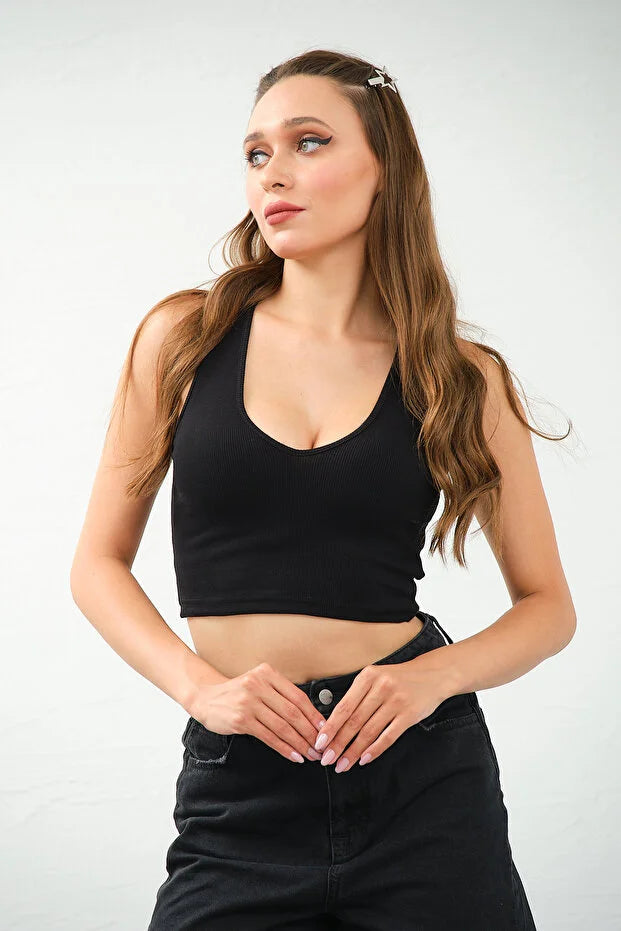 PUNKY CAT Kadın Derin Göğüs Dekolteli Şık Crop Top Bluz - TS009