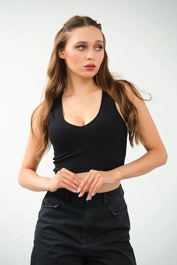 PUNKY CAT Kadın Derin Göğüs Dekolteli Şık Crop Top Bluz - TS009