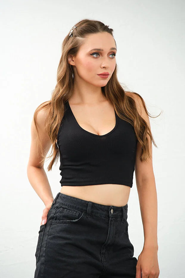 PUNKY CAT Kadın Derin Göğüs Dekolteli Şık Crop Top Bluz - TS009