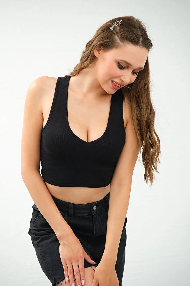 PUNKY CAT Kadın Derin Göğüs Dekolteli Şık Crop Top Bluz - TS009
