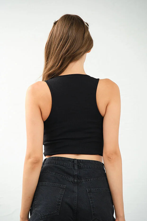 PUNKY CAT Kadın Derin Göğüs Dekolteli Şık Crop Top Bluz - TS009