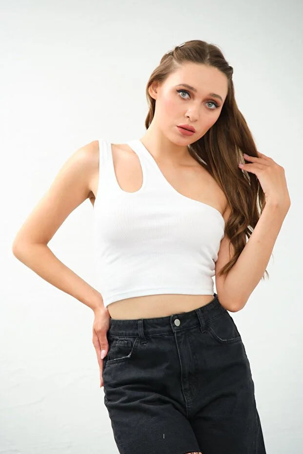 PUNKY CAT Kadın Tek Omuz Cut Out Detaylı Crop Top Bluz - TS010