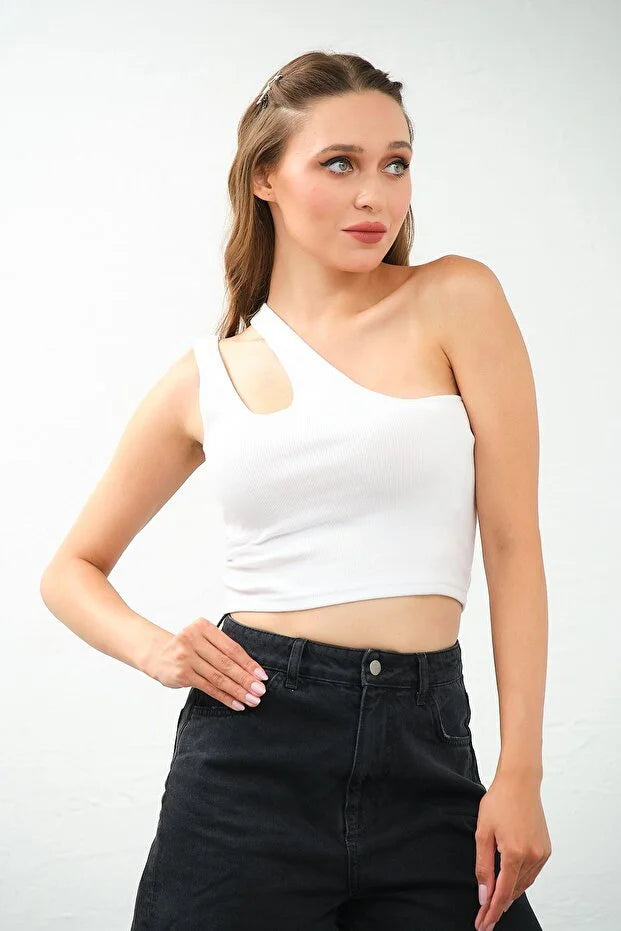 PUNKY CAT Kadın Tek Omuz Cut Out Detaylı Crop Top Bluz - TS010