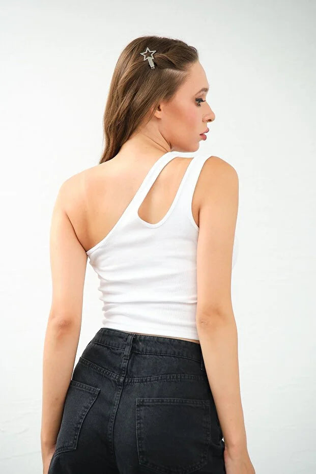 PUNKY CAT Kadın Tek Omuz Cut Out Detaylı Crop Top Bluz - TS010