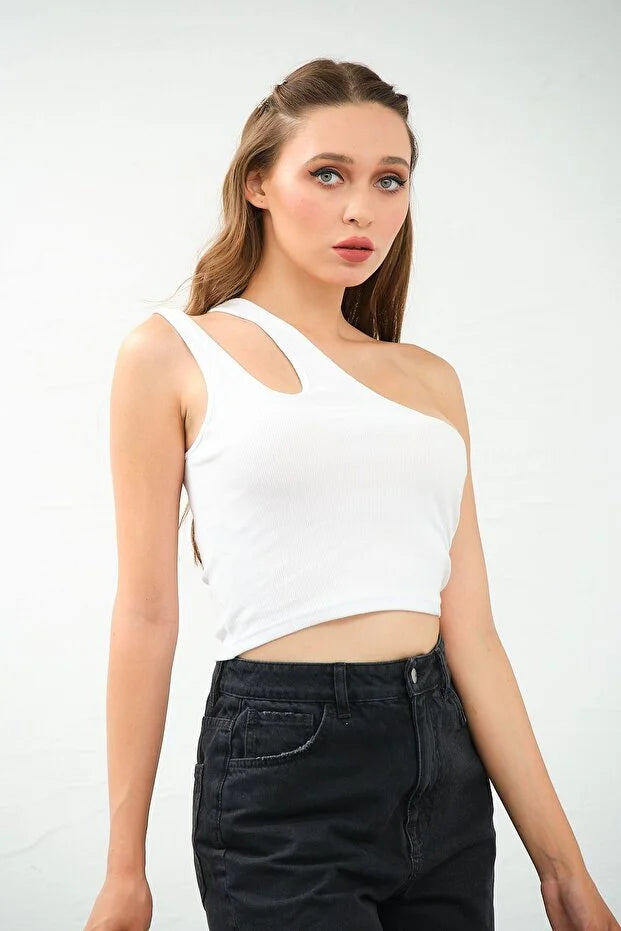 PUNKY CAT Kadın Tek Omuz Cut Out Detaylı Crop Top Bluz - TS010