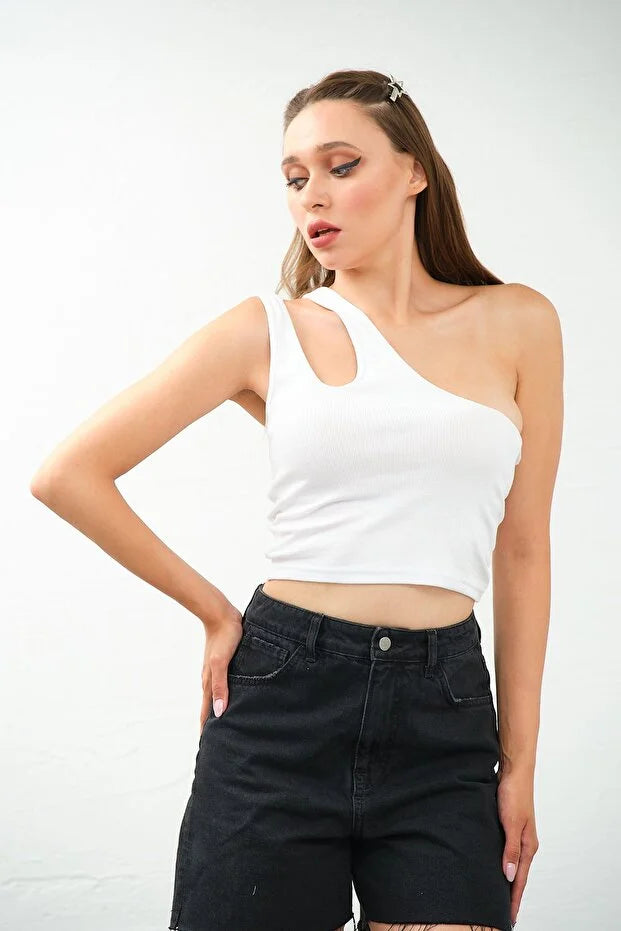 PUNKY CAT Kadın Tek Omuz Cut Out Detaylı Crop Top Bluz - TS010