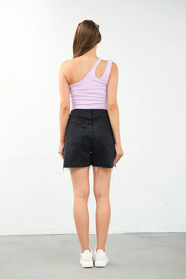 PUNKY CAT Kadın Tek Omuz Cut Out Detaylı Crop Top Bluz - TS010