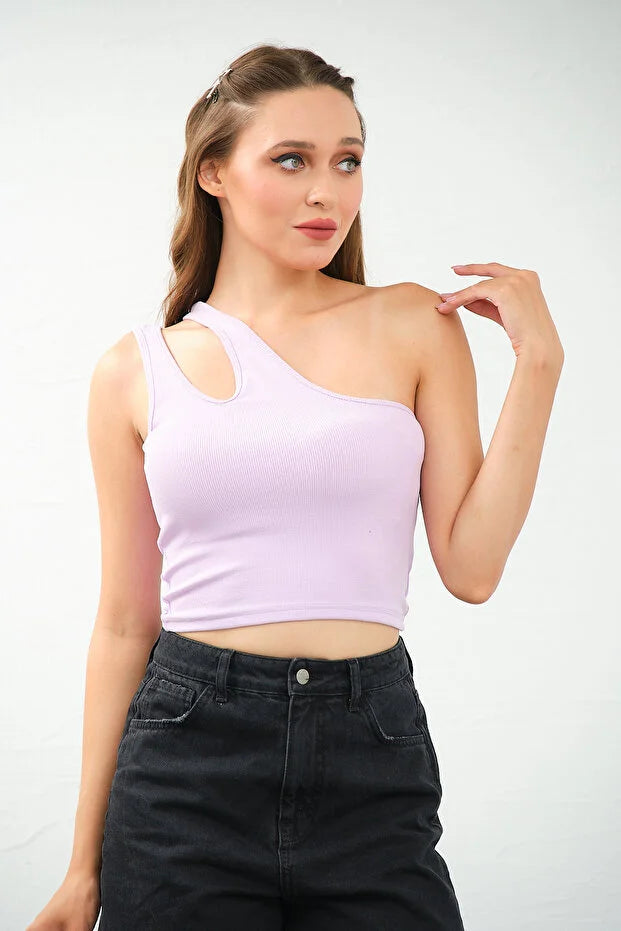 PUNKY CAT Kadın Tek Omuz Cut Out Detaylı Crop Top Bluz - TS010