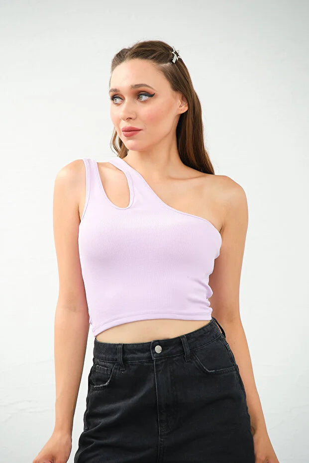 PUNKY CAT Kadın Tek Omuz Cut Out Detaylı Crop Top Bluz - TS010
