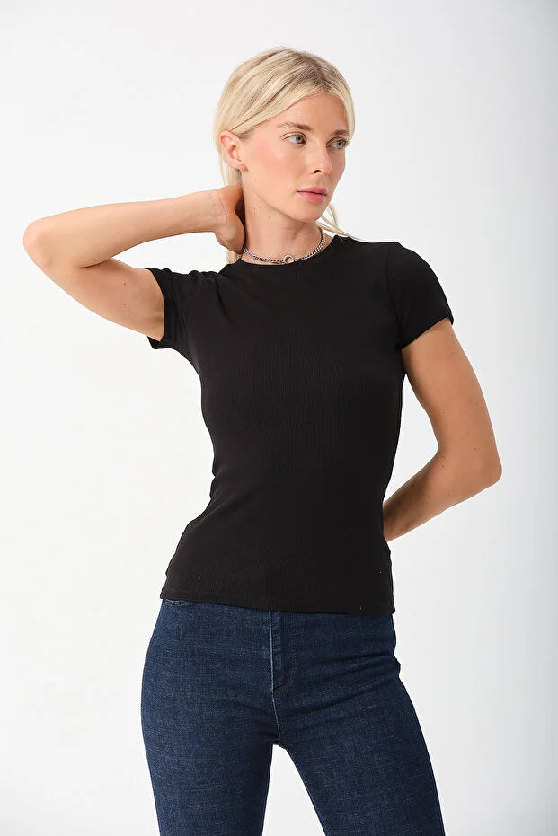 PUNKY CAT Kadın Kısa Kollu Tam Boy Basic Kaşkorse T-shirt - TS016