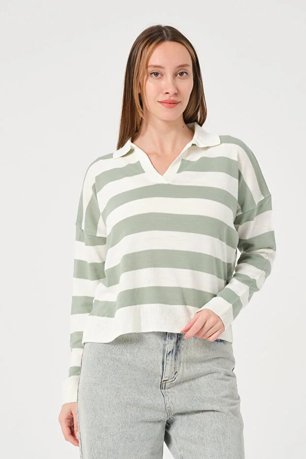 PUNKY CAT Kadın Yeşil Ekru Çizgili Polo Yaka Triko Kazak - TYCDTO46JN170651832974146